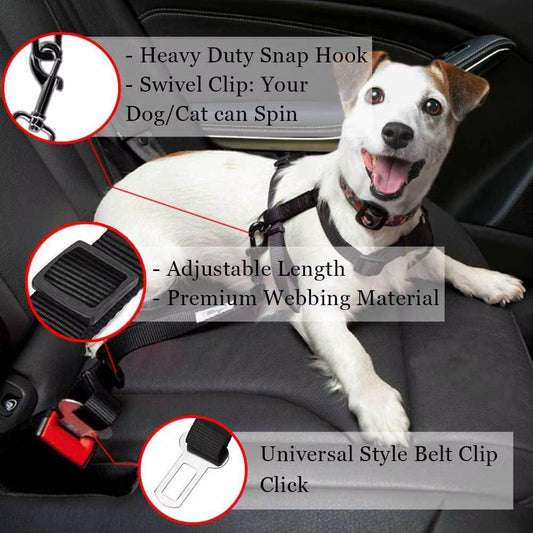 Adjustable Dog / Cat Car Seat Belt – Pet Travel Safety Harness Restraint Strap for Car